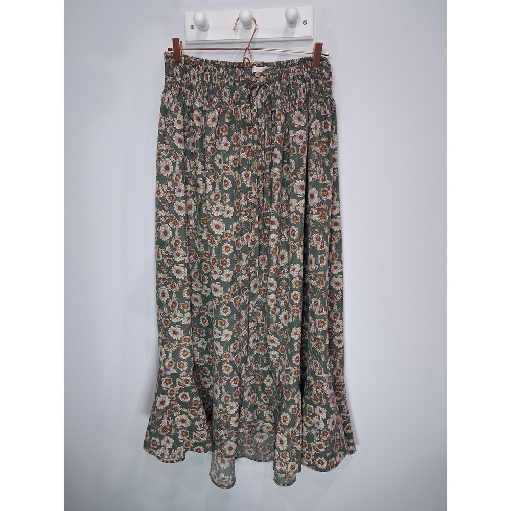 Promesa Sage Green Floral Button Front Smocked Maxi Skirt Medium Daisy Ruffle